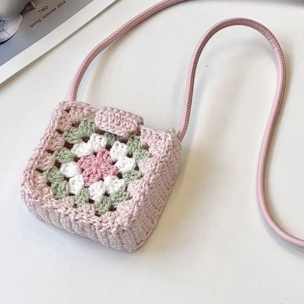 Granny Square Crochet Mini Earphone Crossbody Bag Multi Color