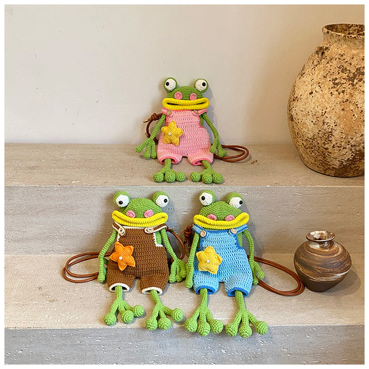 Handmade Crochet Frog Doll Crossbody Bag With Star Decor
