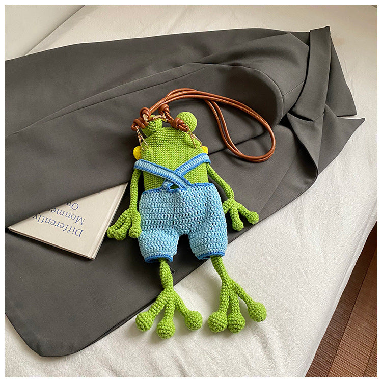 Handmade Crochet Frog Doll Crossbody Bag With Star Decor