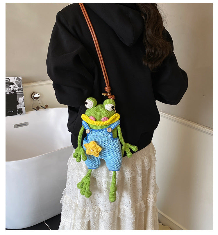 Handmade Crochet Frog Doll Crossbody Bag With Star Decor