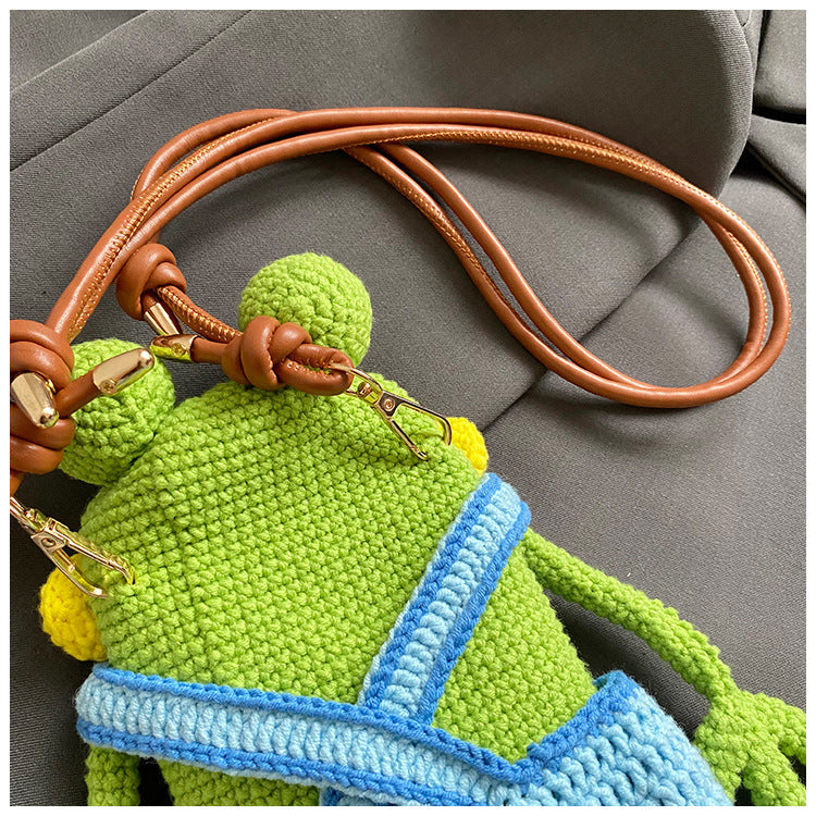 Handmade Crochet Frog Doll Crossbody Bag With Star Decor