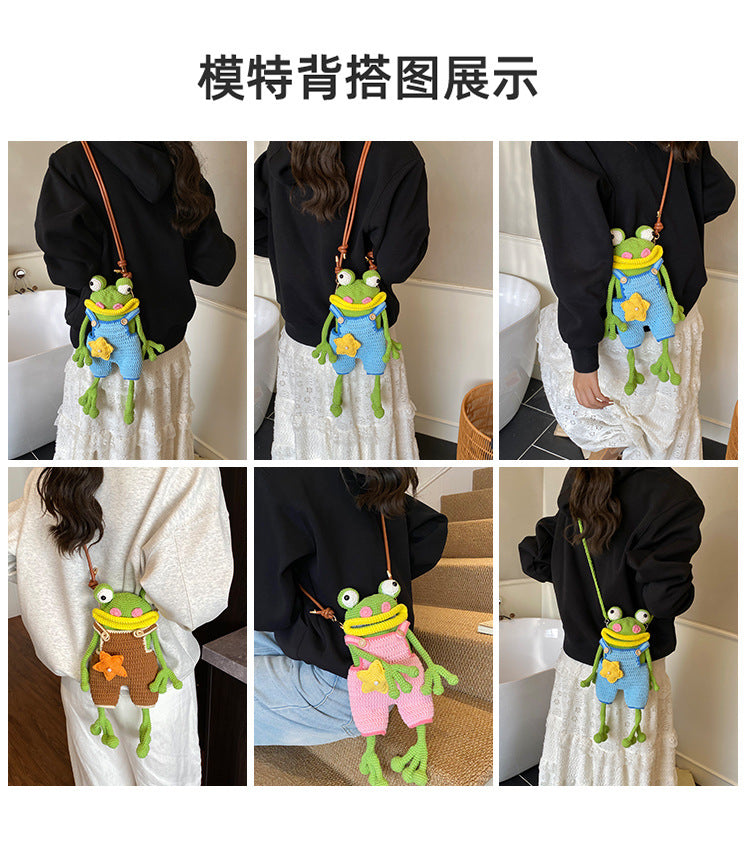 Handmade Crochet Frog Doll Crossbody Bag With Star Decor