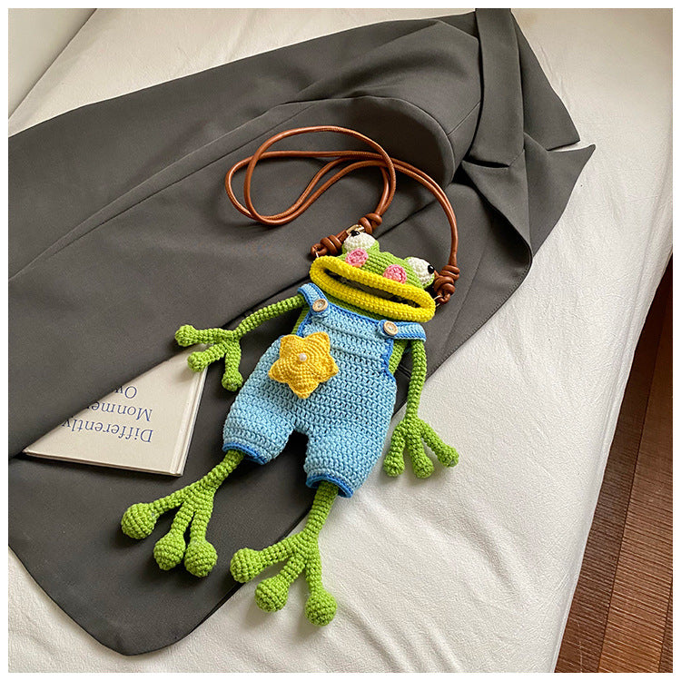 Handmade Crochet Frog Doll Crossbody Bag With Star Decor