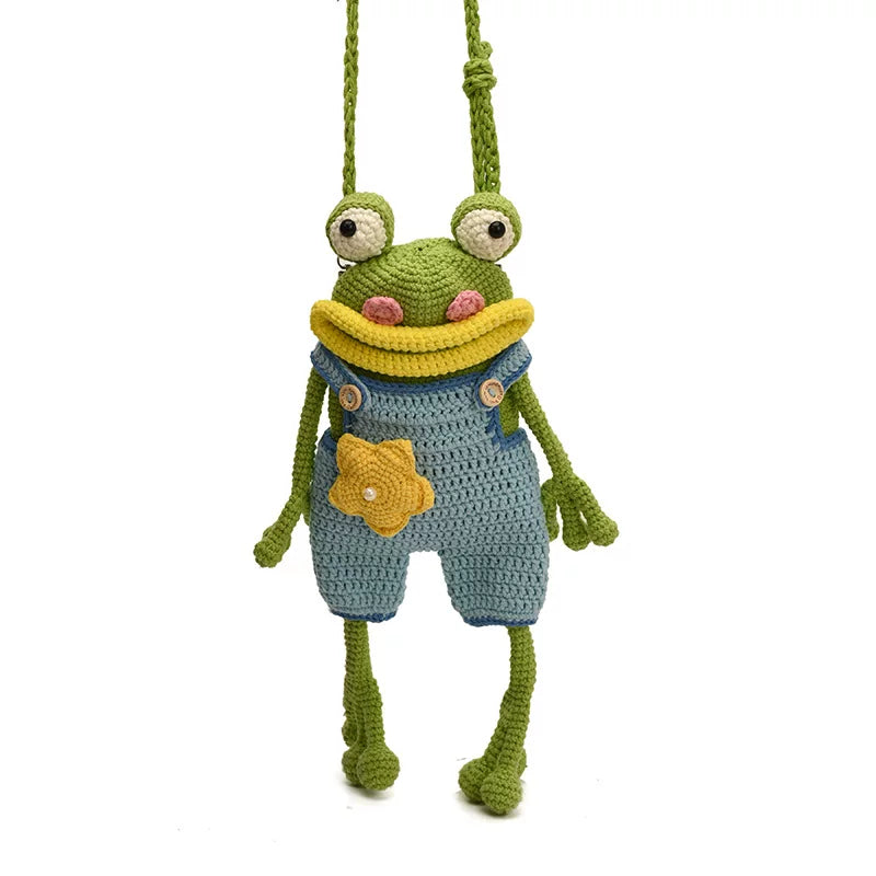 Handmade Crochet Frog Doll Crossbody Bag With Star Decor