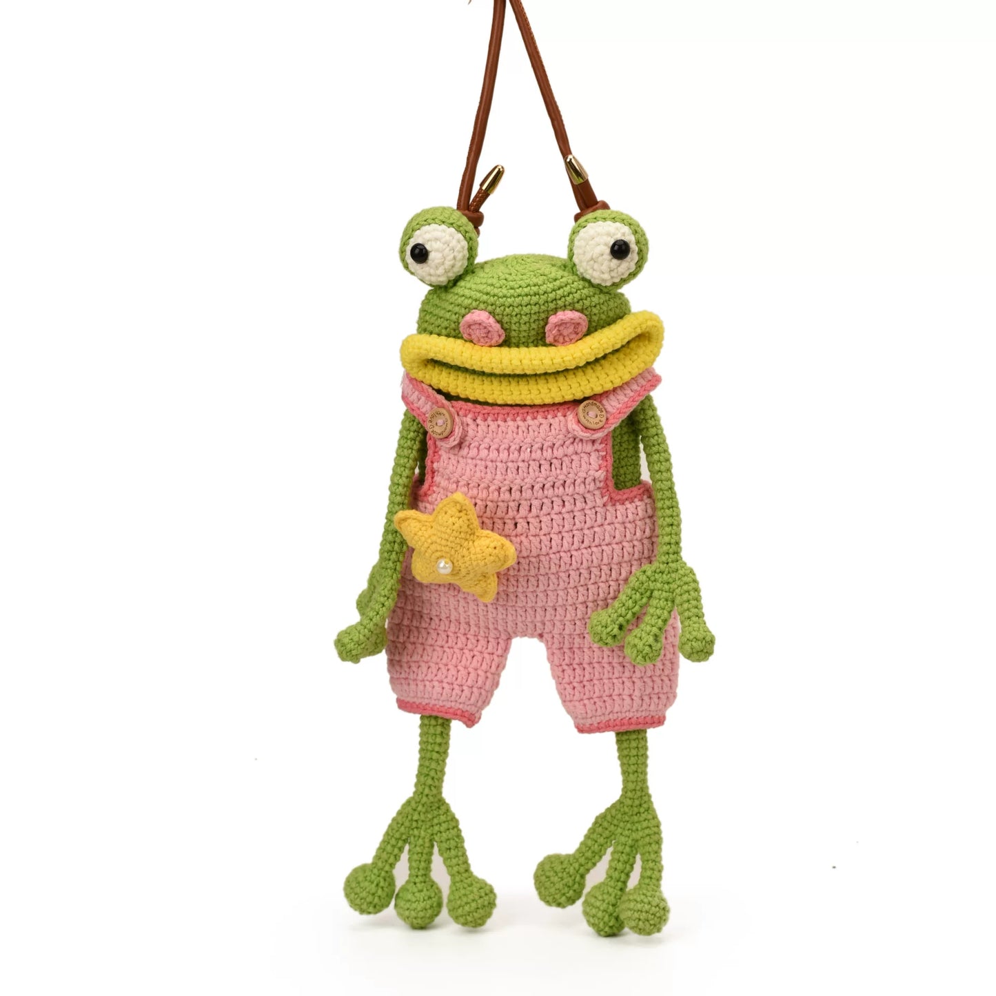 Handmade Crochet Frog Doll Crossbody Bag With Star Decor