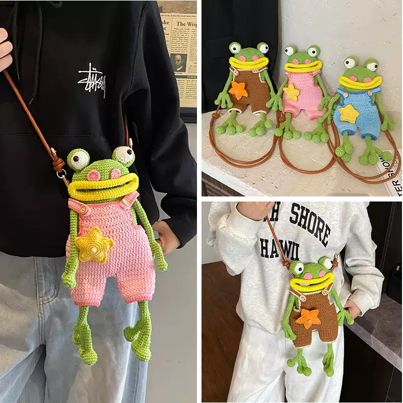 Handmade Crochet Frog Doll Crossbody Bag With Star Decor