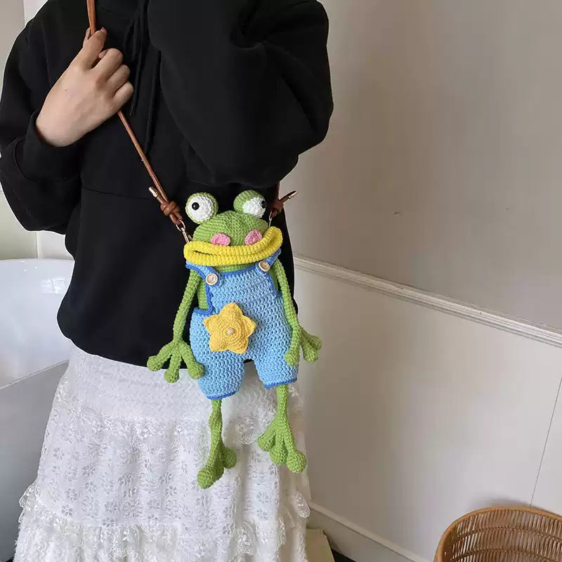 Handmade Crochet Frog Doll Crossbody Bag With Star Decor