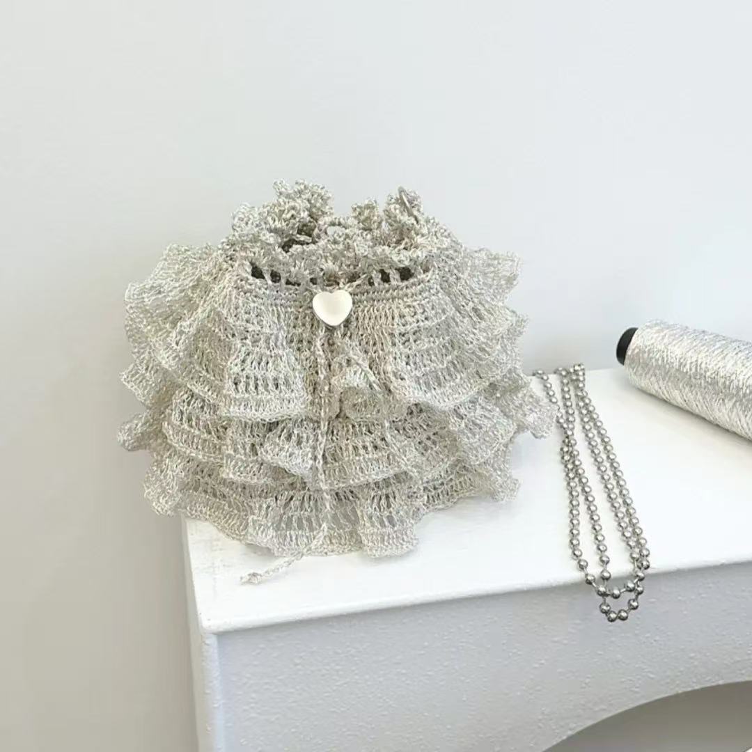 Crochet Cake Ballet Bag DIY Kit & Finished Product Ruffle Drawstring Crossbody Bag