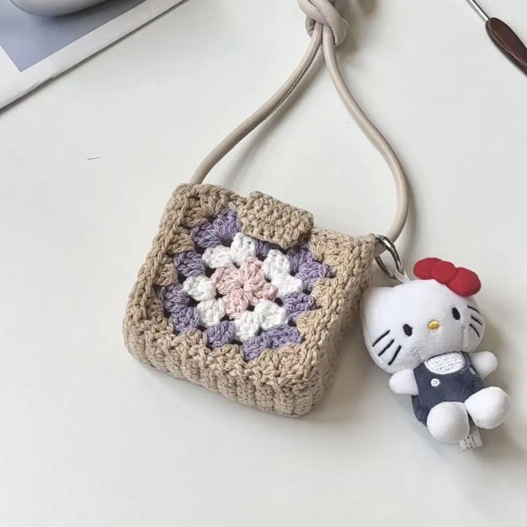 Granny Square Crochet Mini Earphone Crossbody Bag Multi Color