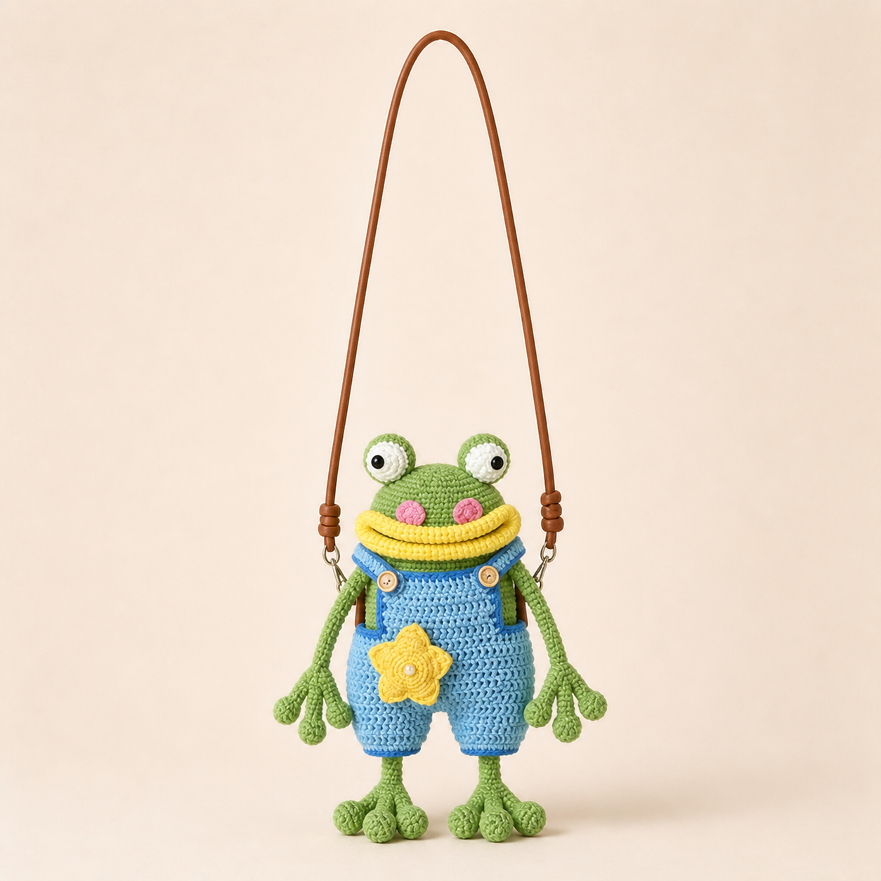 Handmade Crochet Frog Doll Crossbody Bag With Star Decor