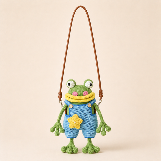 Handmade Crochet Frog Doll Crossbody Bag With Star Decor