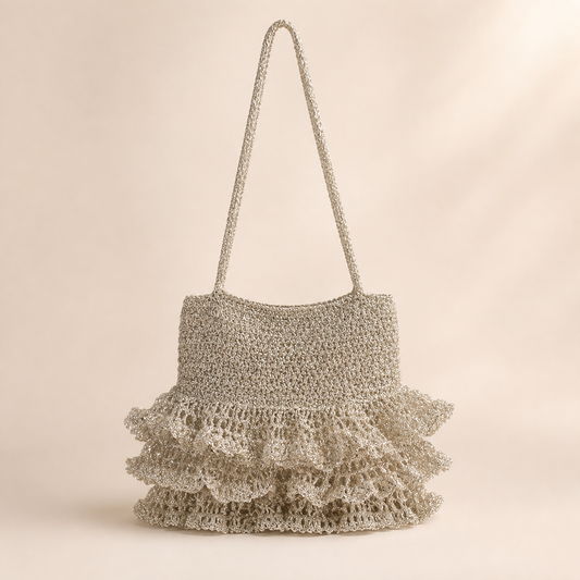 Shiny Silver Ruffle Crochet Mini Chain Shoulder Bag Party Purse