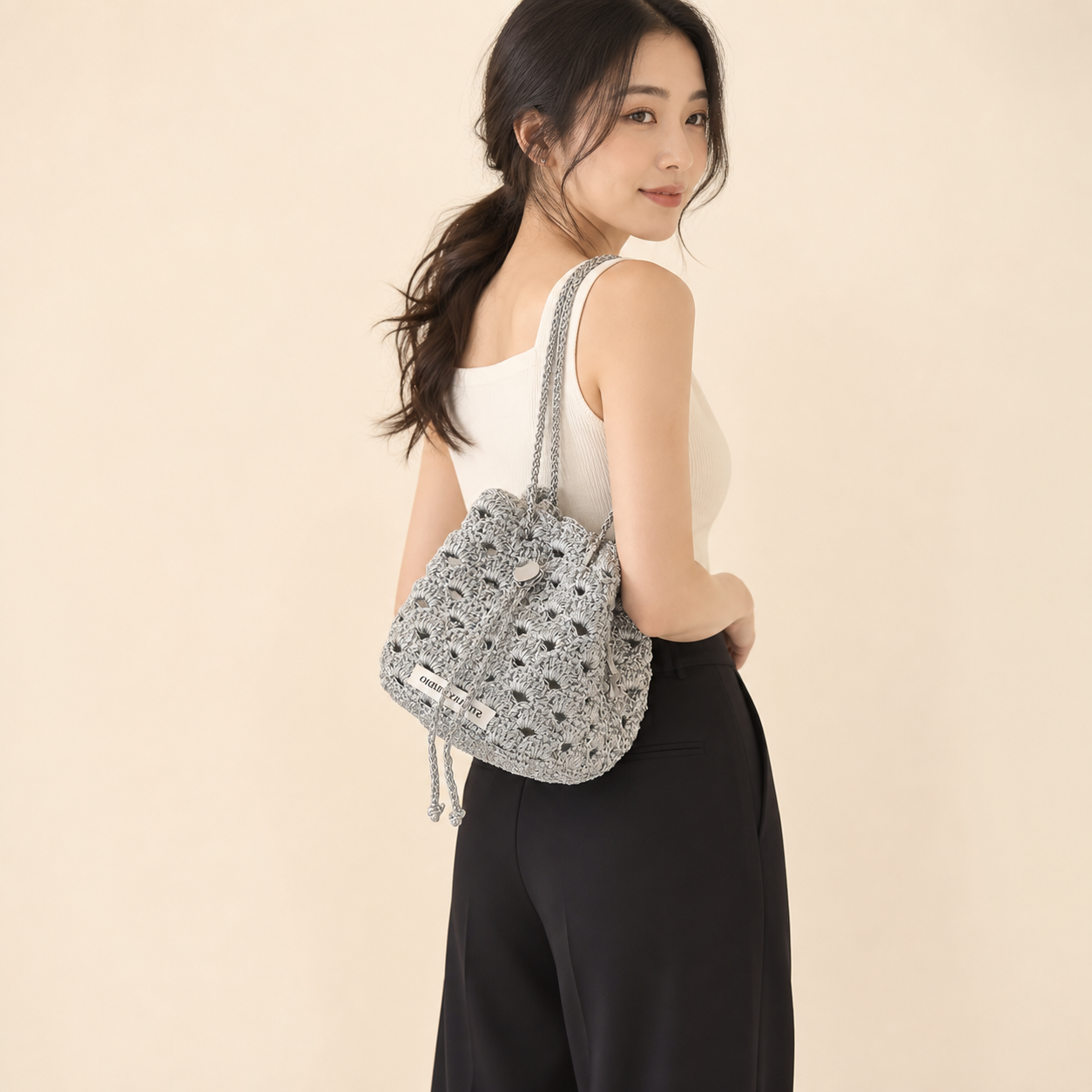 Handmade Gray Hollow Mesh Crochet Mini Bucket Bag
