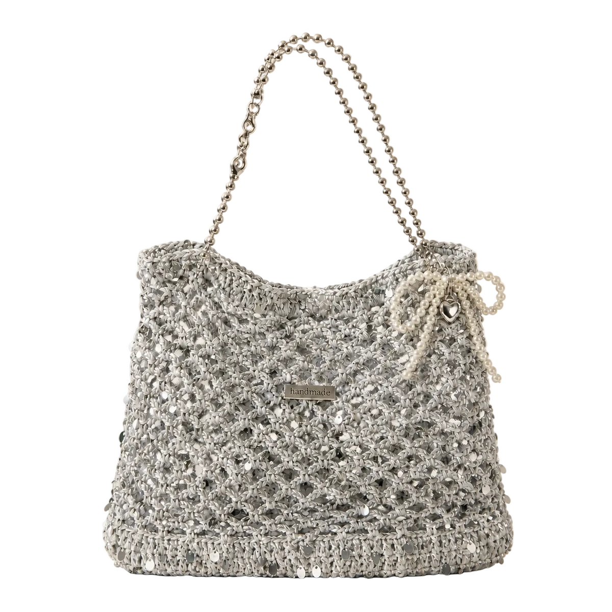 Handmade Silver Sequin Mesh Crochet Large Tote Bag