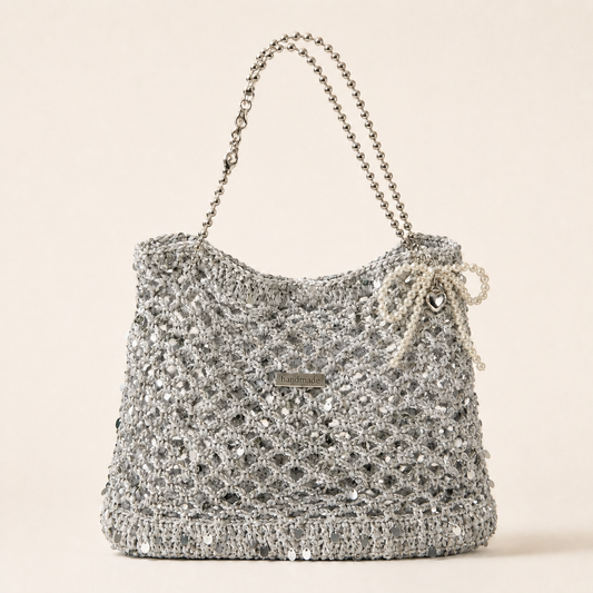 Handmade Sparkly Silver Crochet Mesh Tote Bag