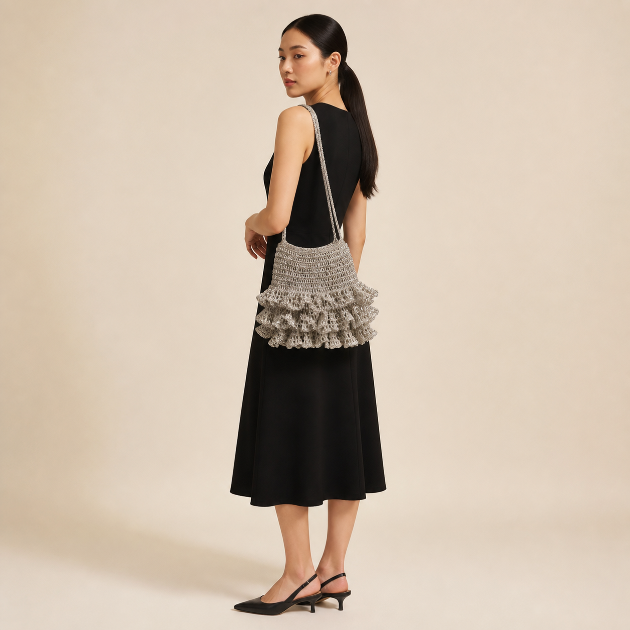 Shiny Silver Ruffle Crochet Mini Chain Shoulder Bag Party Purse