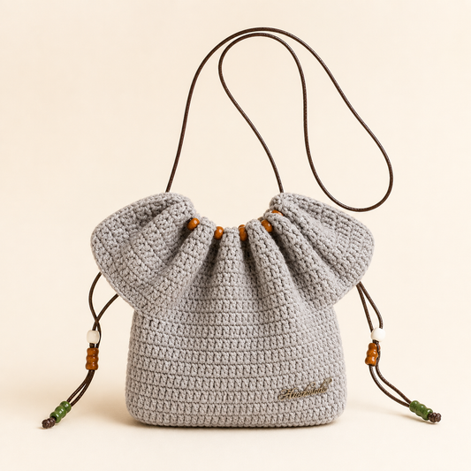 Handmade Solid Gray Crochet Drawstring Mini Crossbody Bag