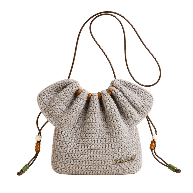 Handmade Solid Gray Crochet Drawstring Mini Crossbody Bag