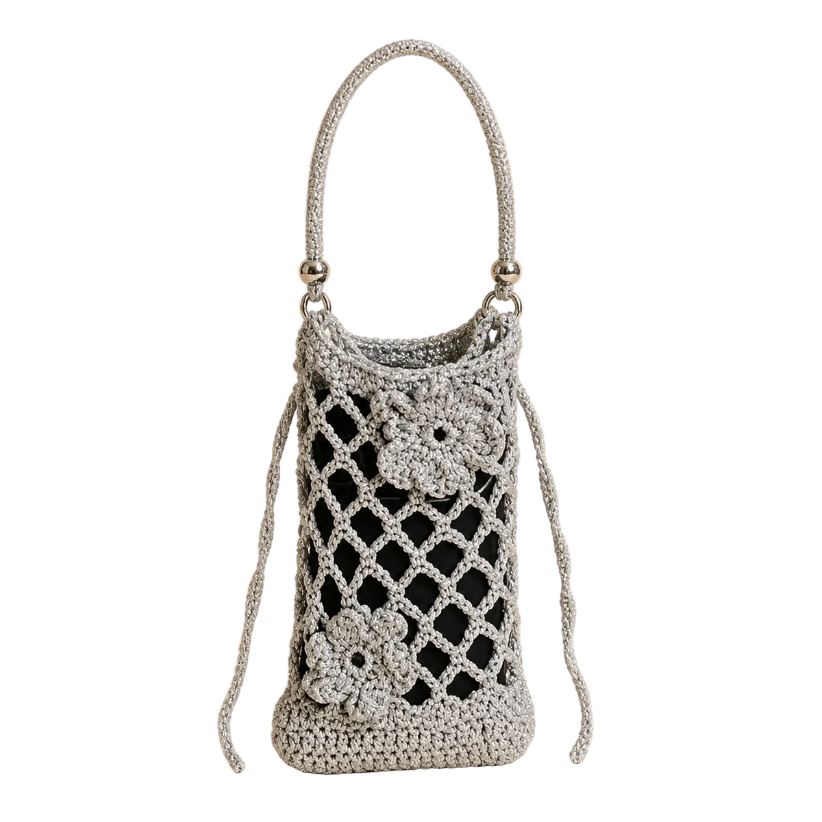Handmade Shiny Silver Mesh Crochet Phone Bag With Rhinestone Strap