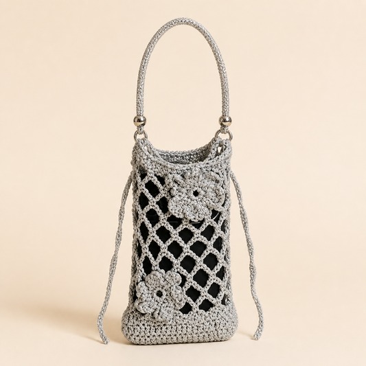 Handmade Shiny Silver Mesh Crochet Phone Bag With Rhinestone Strap