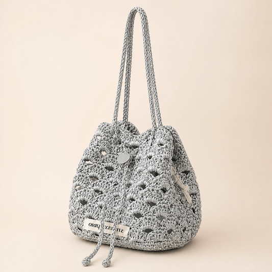Handmade Gray Hollow Mesh Crochet Mini Bucket Bag