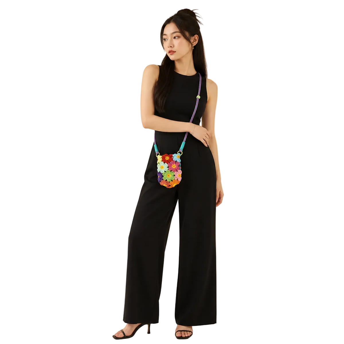 Handmade Multi Color Flower Crochet Mini Phone Crossbody Bag