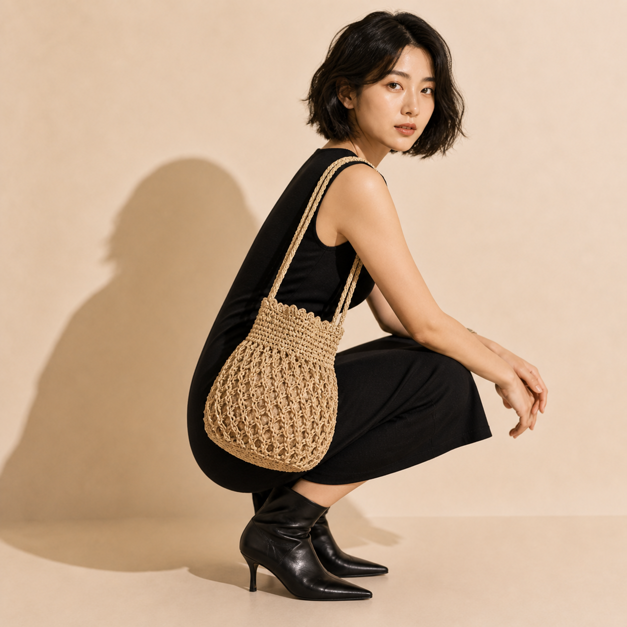Metallic Gold Thread Crochet Hollow Shoulder Bag Summer Beach Tote