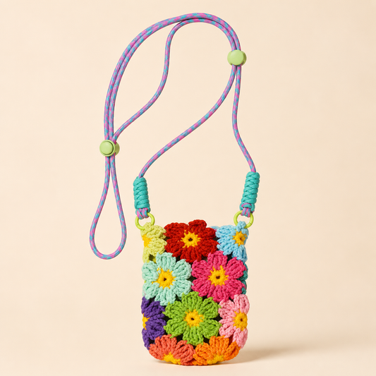 Handmade Multi Color Flower Crochet Mini Phone Crossbody Bag