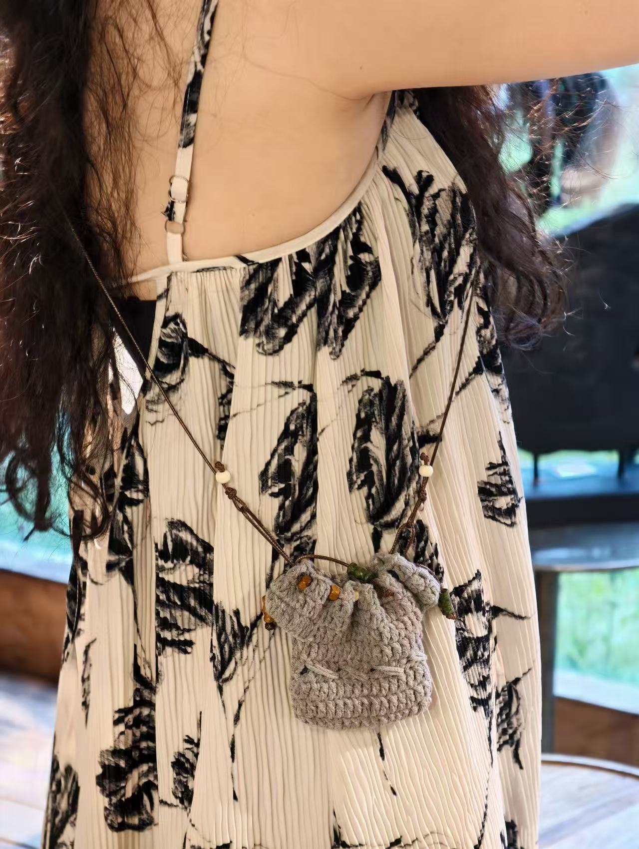 Handmade Solid Gray Crochet Drawstring Mini Crossbody Bag