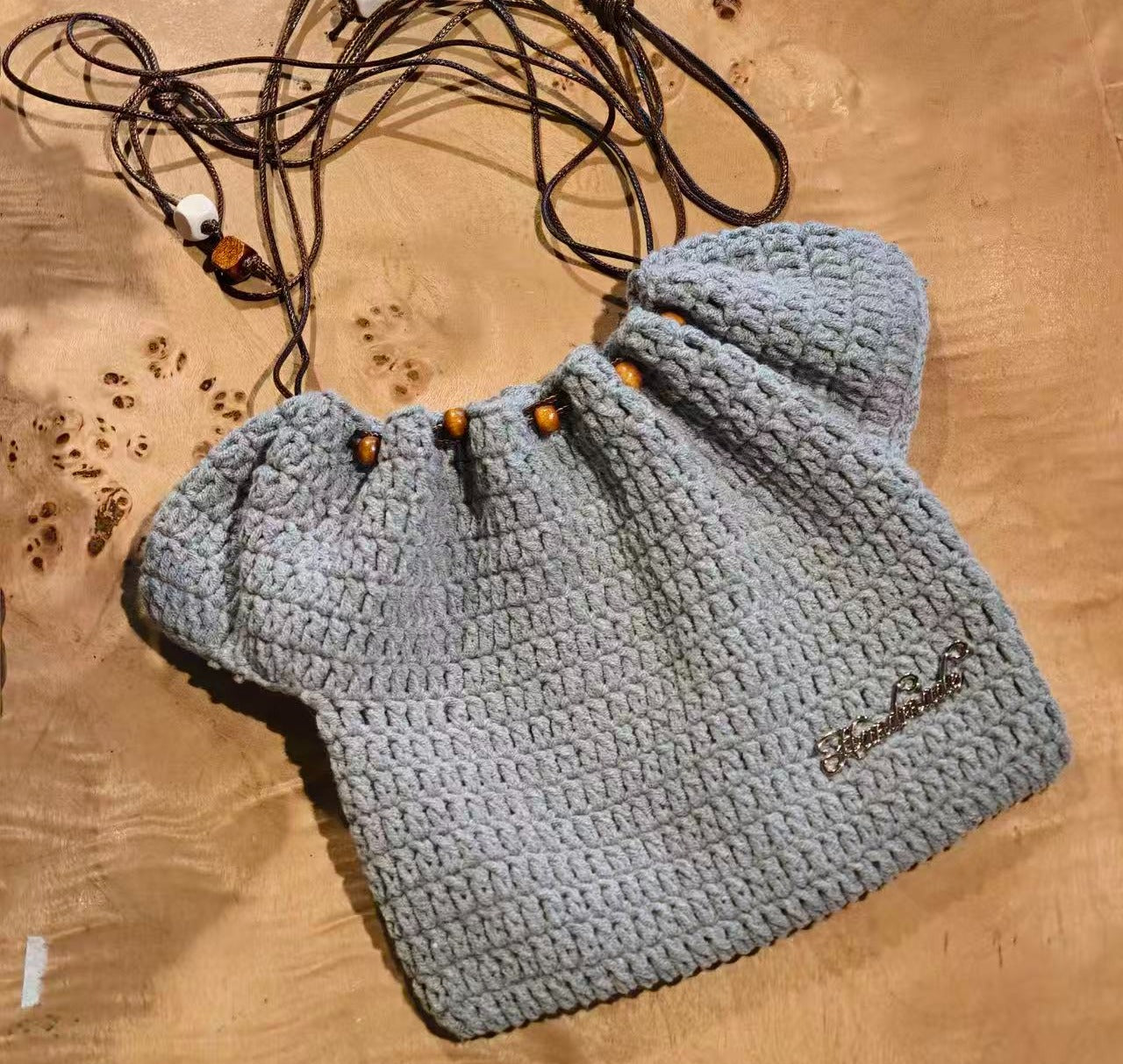 Handmade Solid Gray Crochet Drawstring Mini Crossbody Bag