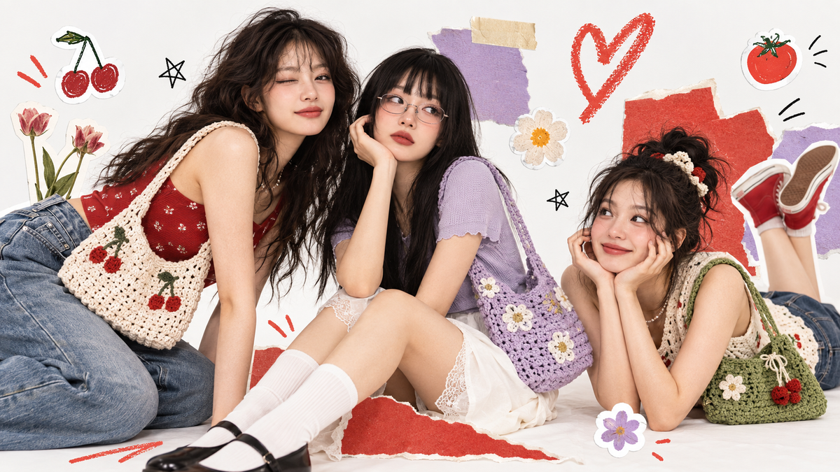 Three friends styling Mori Knot crochet bags