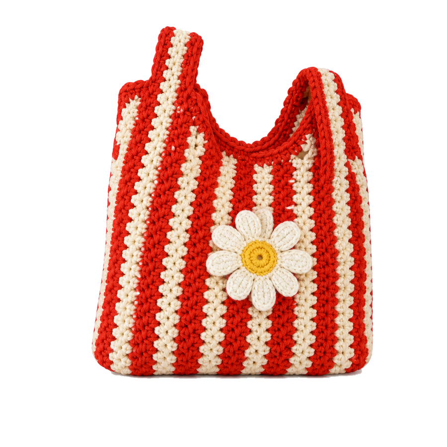 Red and cream crochet big bag