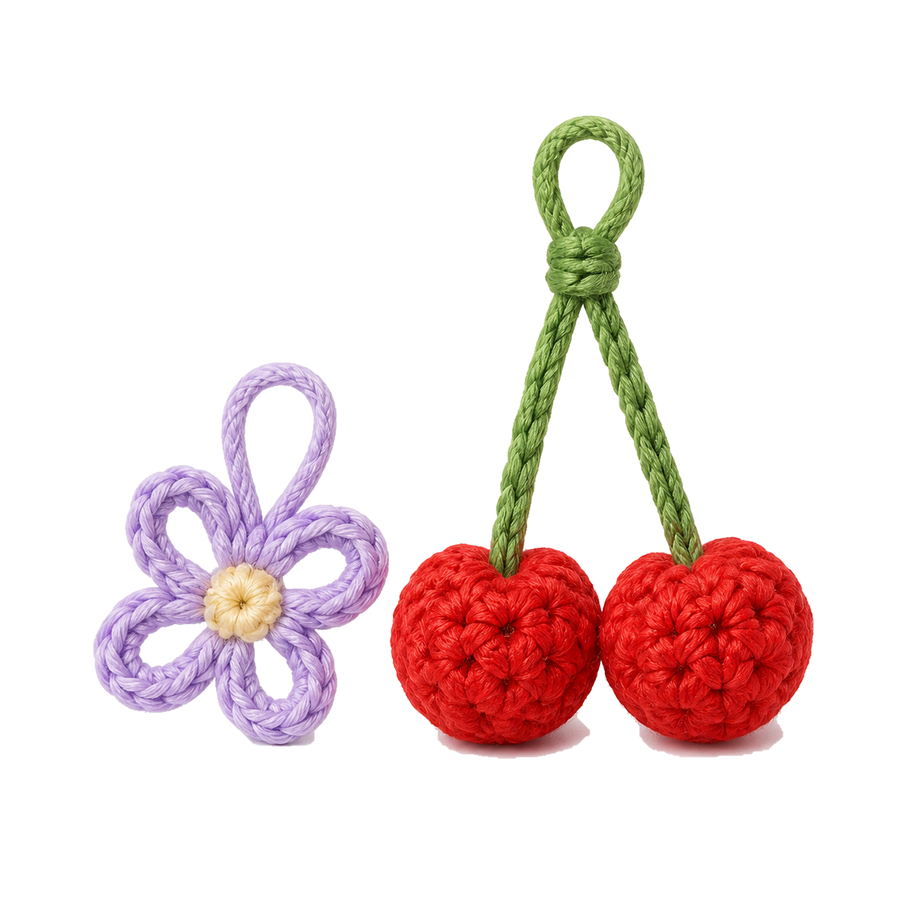 Crochet flower and cherry bag charms