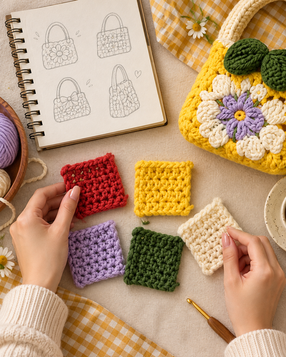 Choosing colorful yarn and sketching a crochet bag
