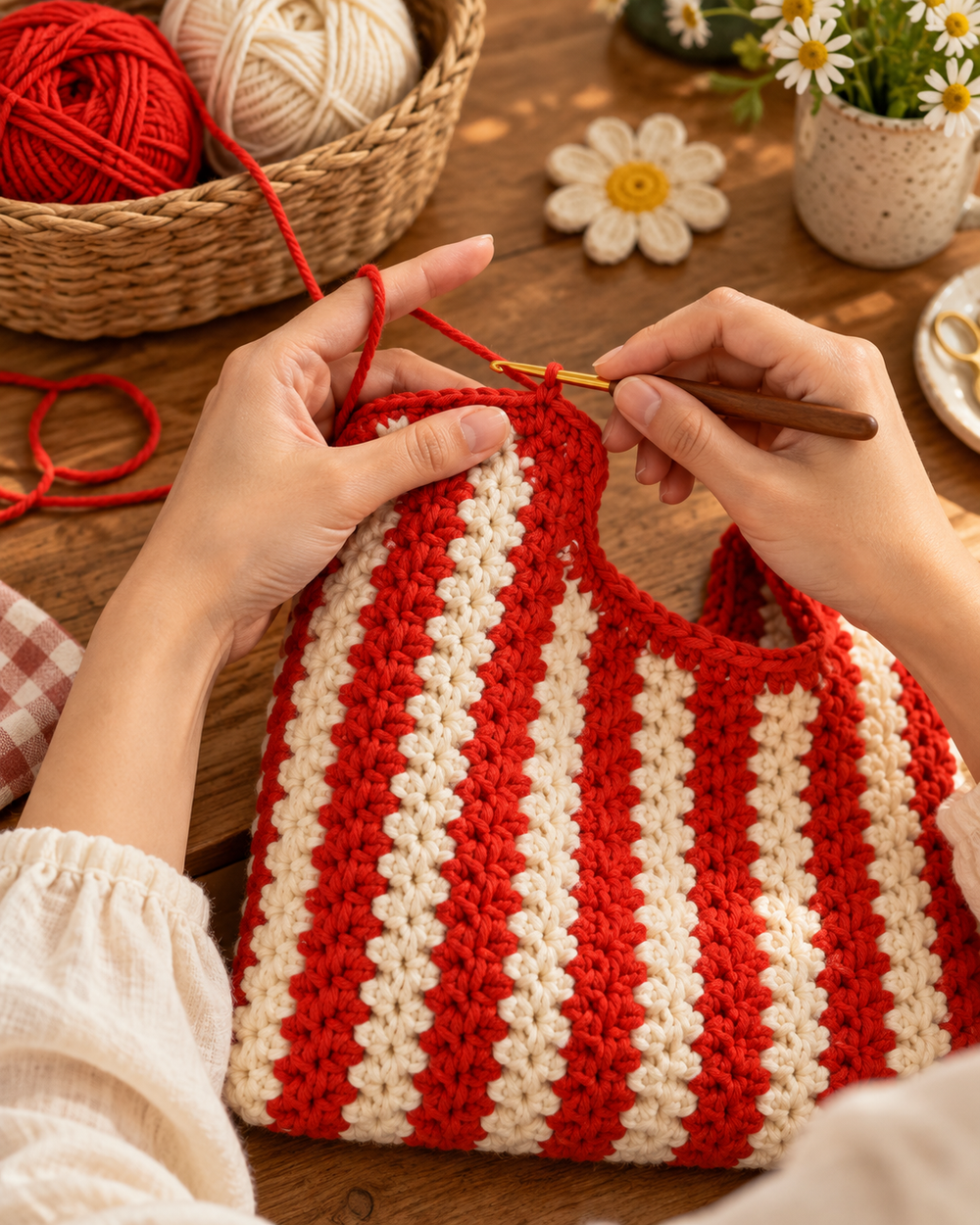 Hands crocheting a red and cream striped bag