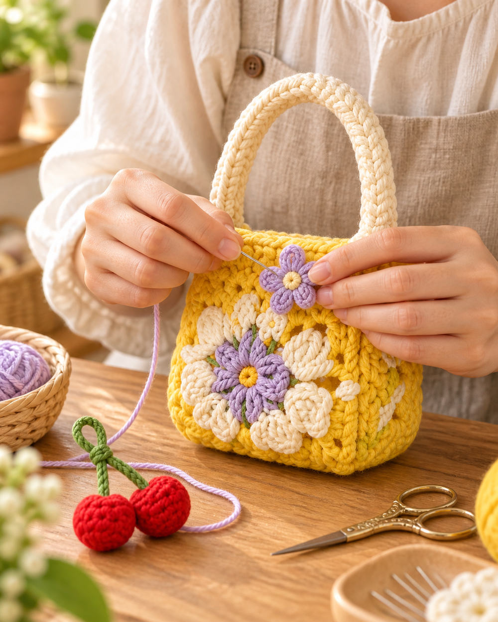 Finishing a yellow floral crochet mini bag