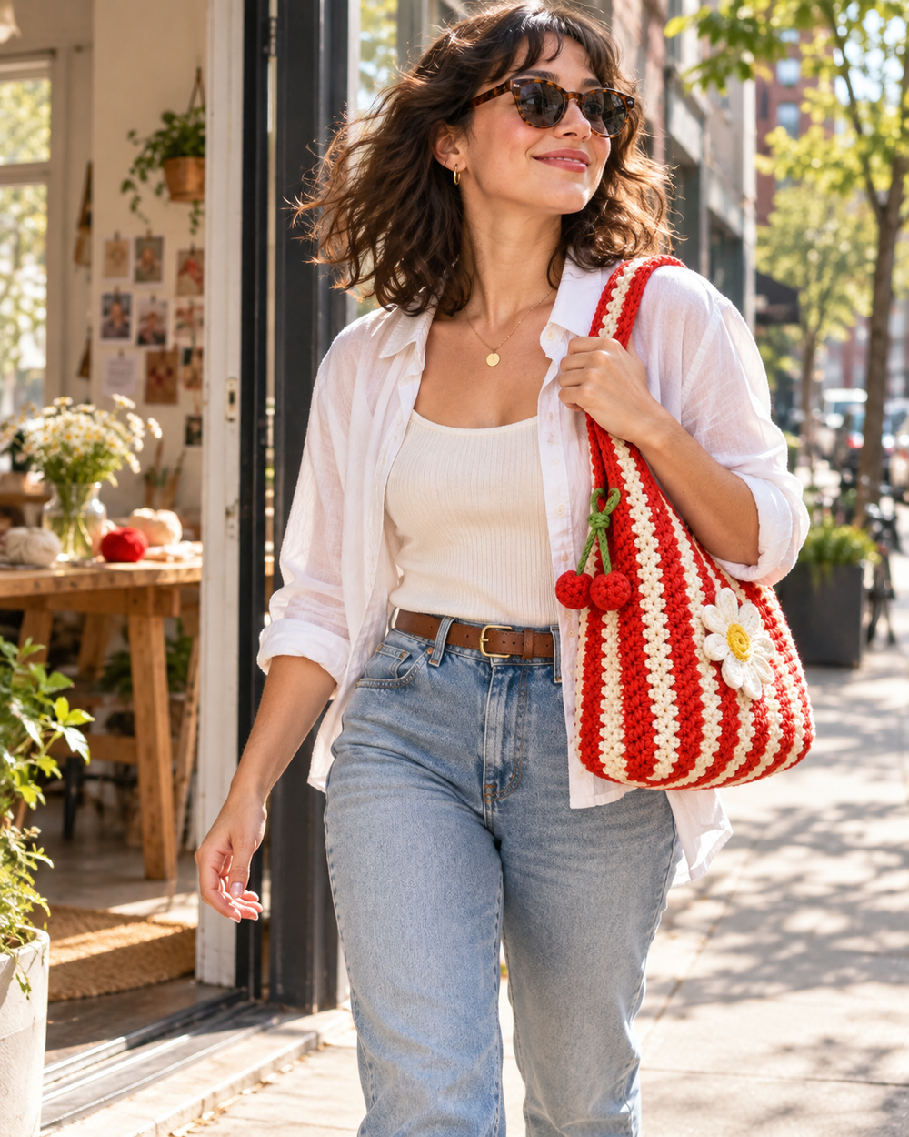 Woman carrying a red and cream crochet shoulder bag