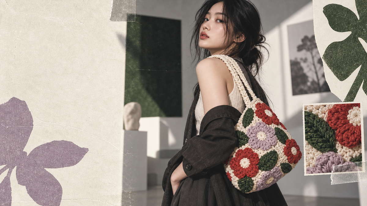 A fashion model carries a one-of-one handmade floral crochet bag