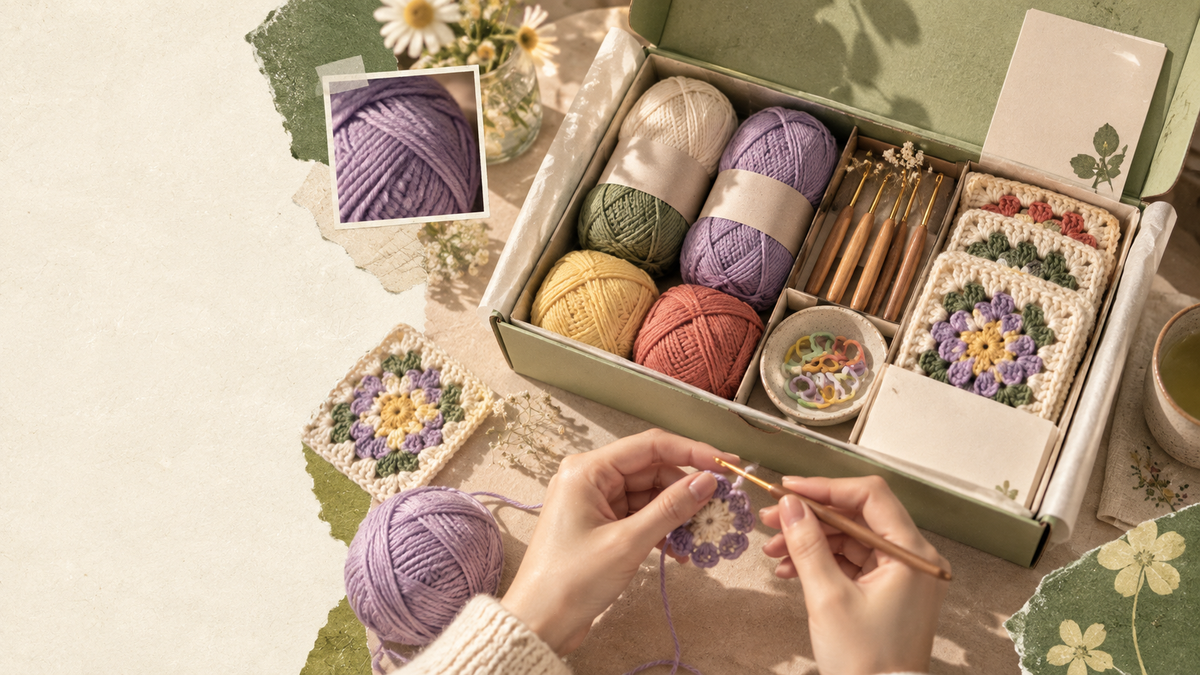 A complete crochet kit with yarn, hooks, stitch markers and floral swatches