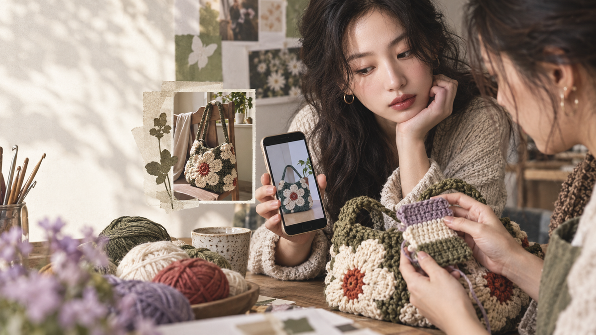 A customer shares a reference photo while a maker develops a custom crochet bag
