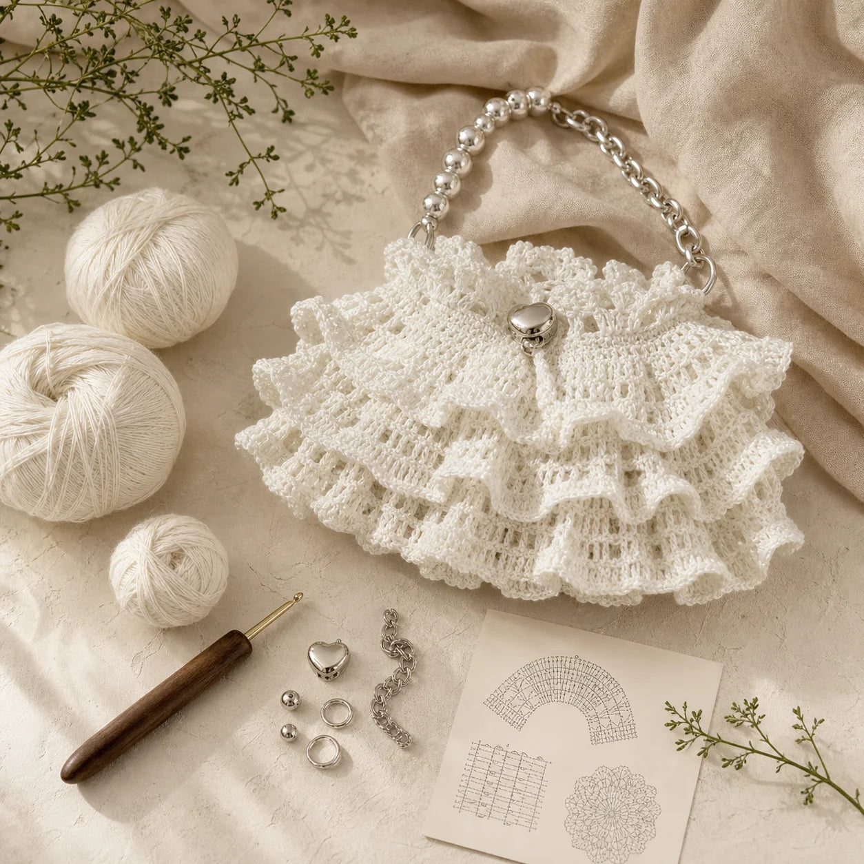 Yarn, crochet tools and a pattern ready for a new design
