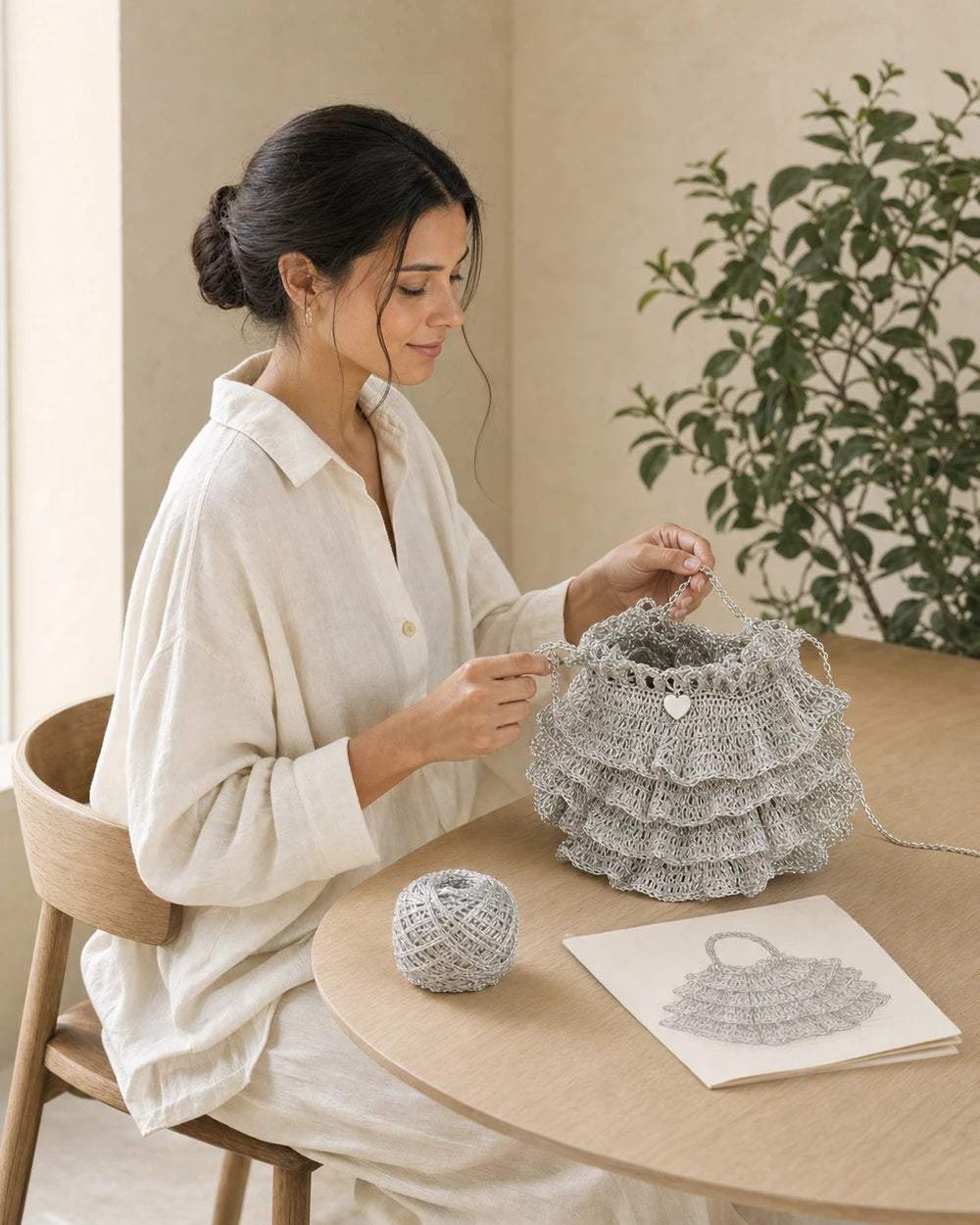 A maker checking the finishing details of a crochet bag