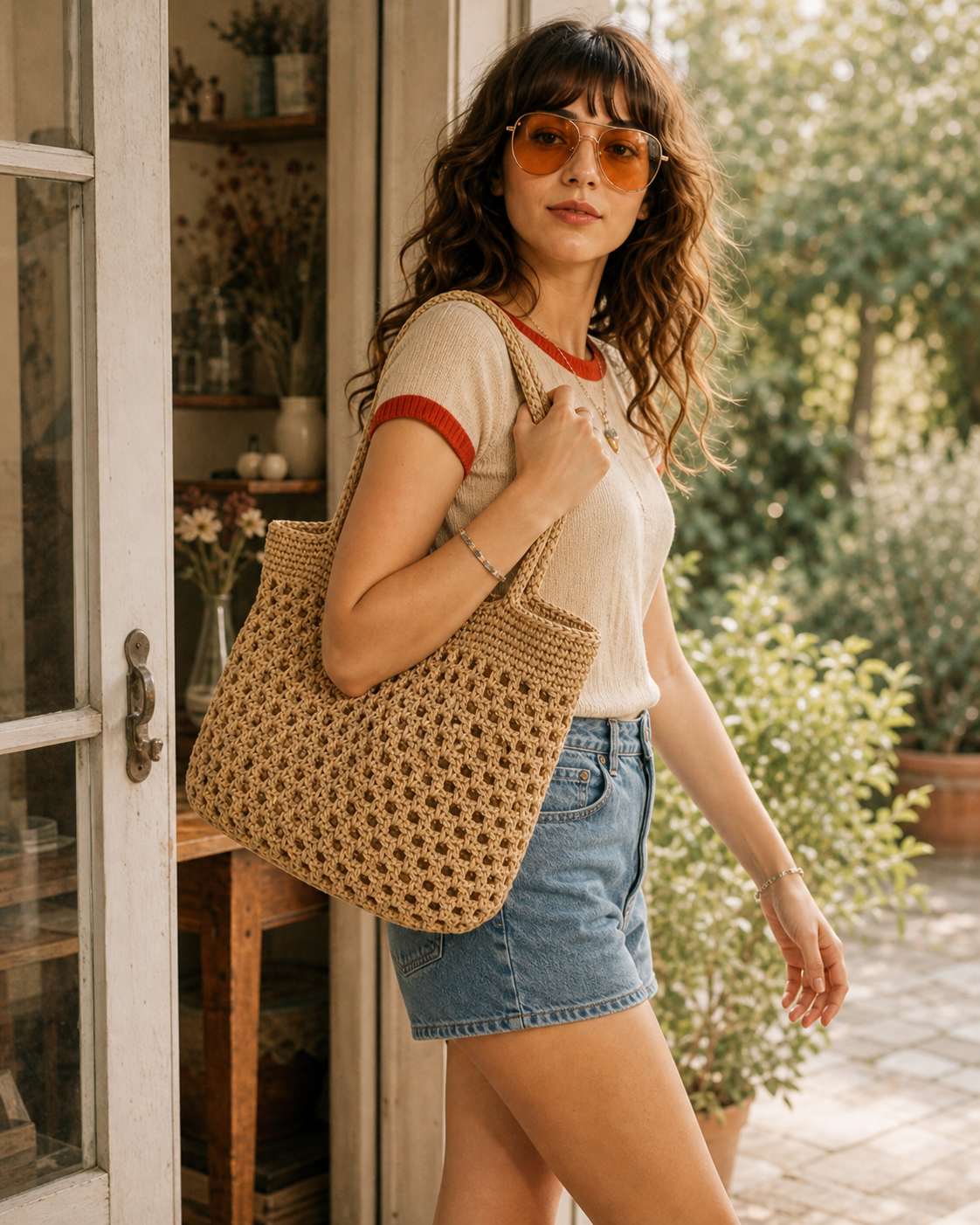 A large neutral crochet bag styled by a model