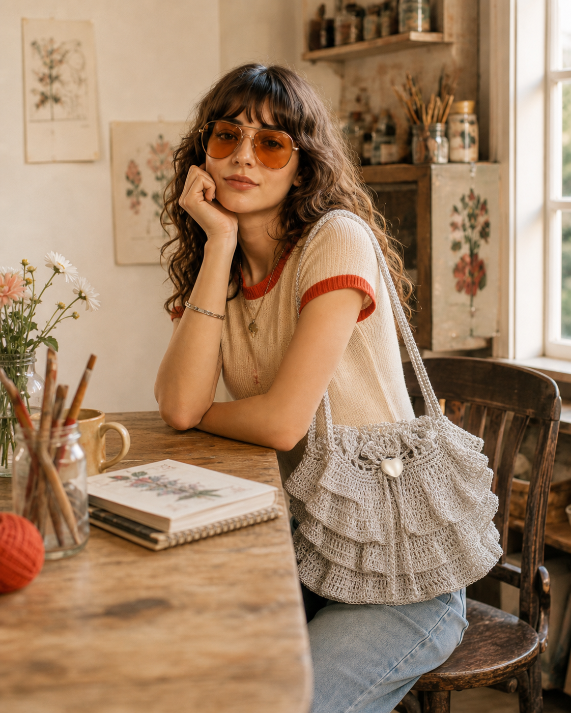 A silver ruffle crochet bag styled by a model